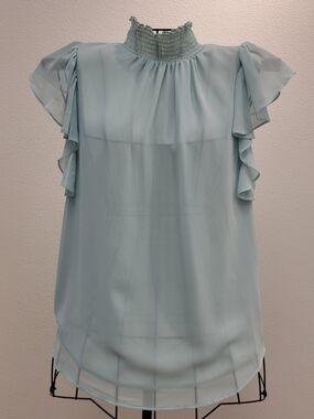 1.STATE Pale Blue Smocked-Neck Flutter Sleeve Blouse